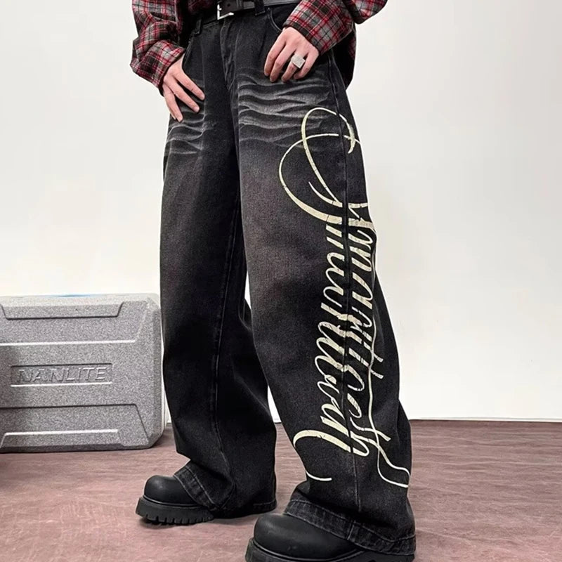 Calças Jeans Baggy Lettering Print Retro