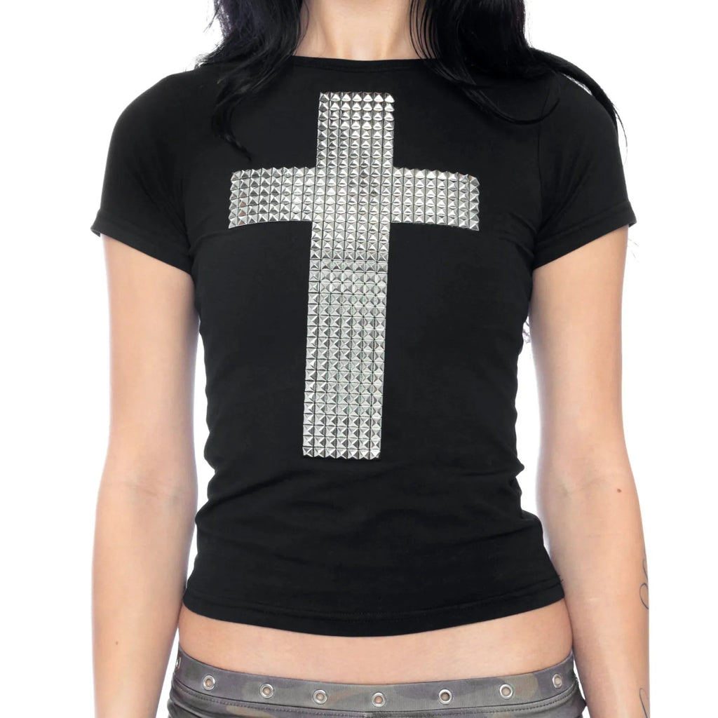 T-Shirt Crop Goth "RHINESTONE CROSS"