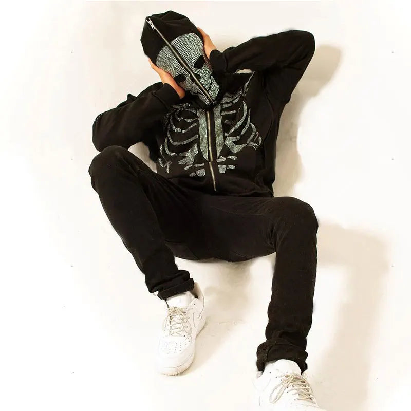 Casaco Full Zip Skeleton Rhinestone Oversized