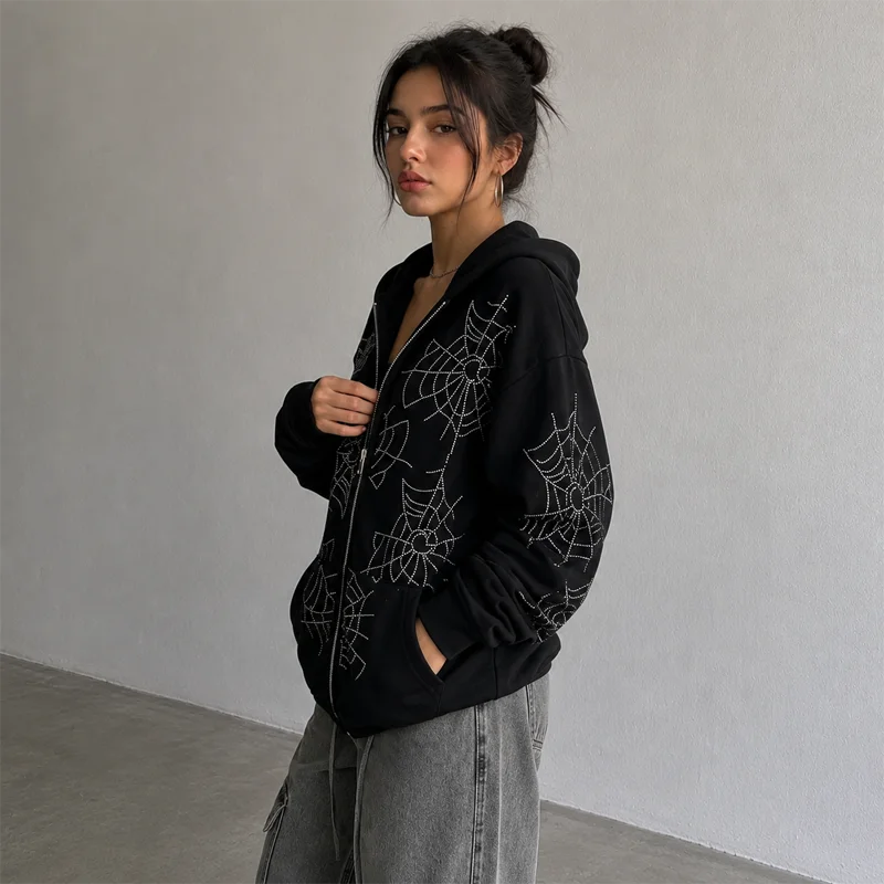 Casaco Hoodie Zip Spider Web Rhinestone