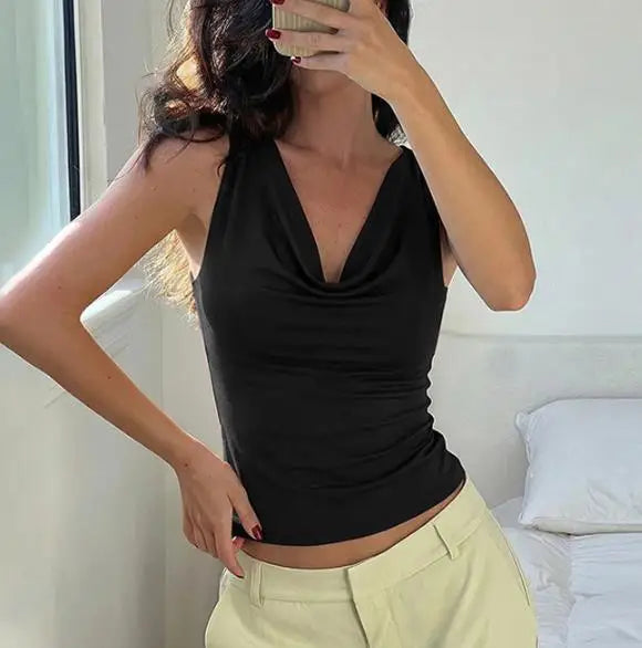Top Cropped Drapeado Cowl Neck Backless