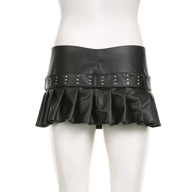 Mini Saia Plissada em Pele Sintética com Cinto "ZIPPER BELTED LEATHER MINI SKIRT"