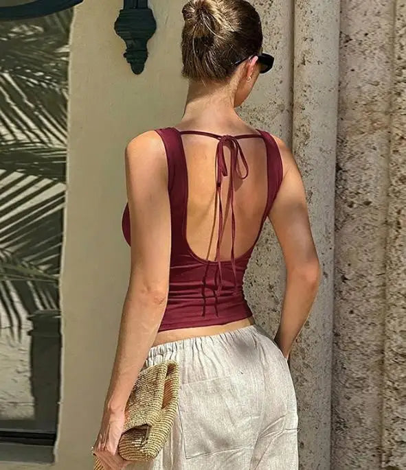 Top Cropped Drapeado Cowl Neck Backless