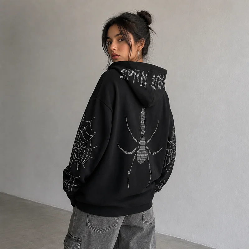 Casaco Hoodie Zip Spider Web Rhinestone