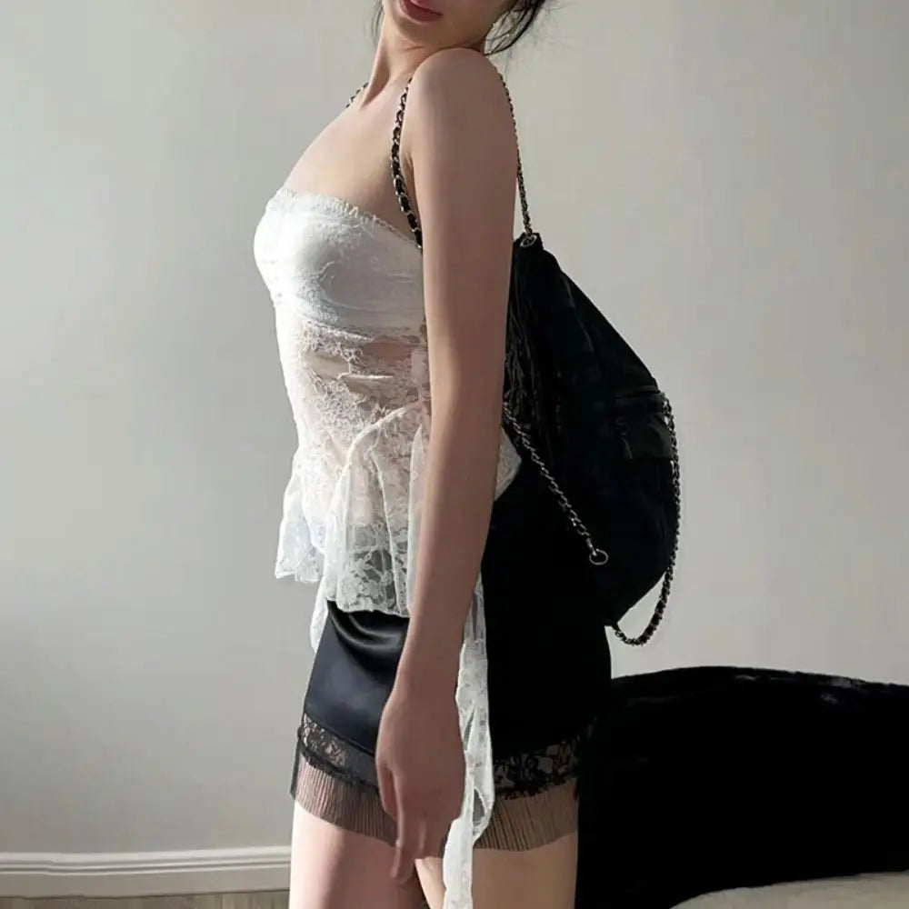 Top Cropped Corset de Renda com Cauda Lace
