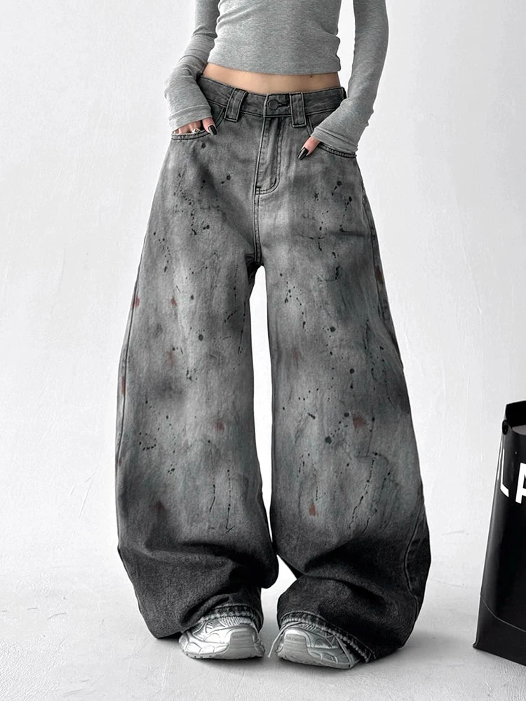 Calças Jeans Y2K Wide Leg Paint Splatter