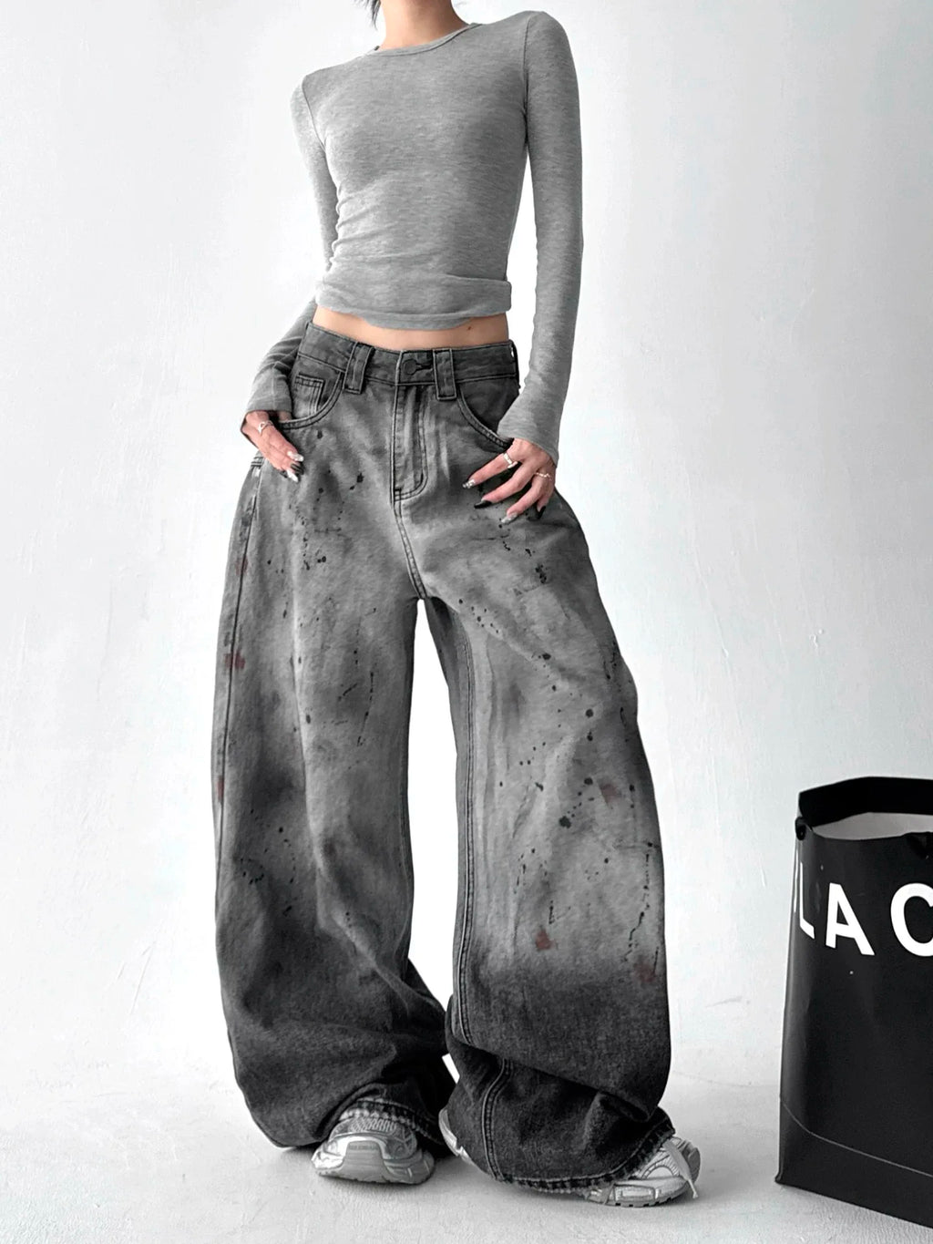 Calças Jeans Y2K Wide Leg Paint Splatter