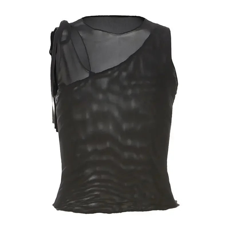 Top Y2K Asymmetrical Mesh Cutout