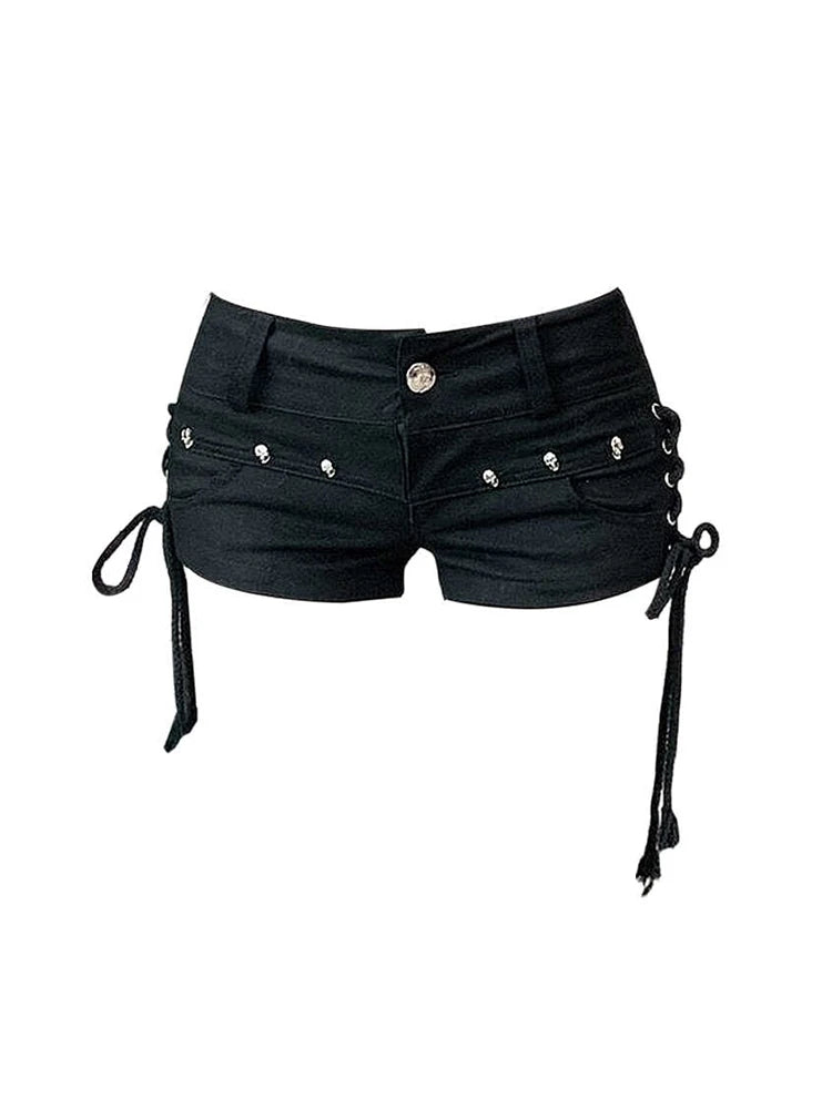 Calções Jeans Góticos Low-Rise "SKULL LACE-UP SHORTS"