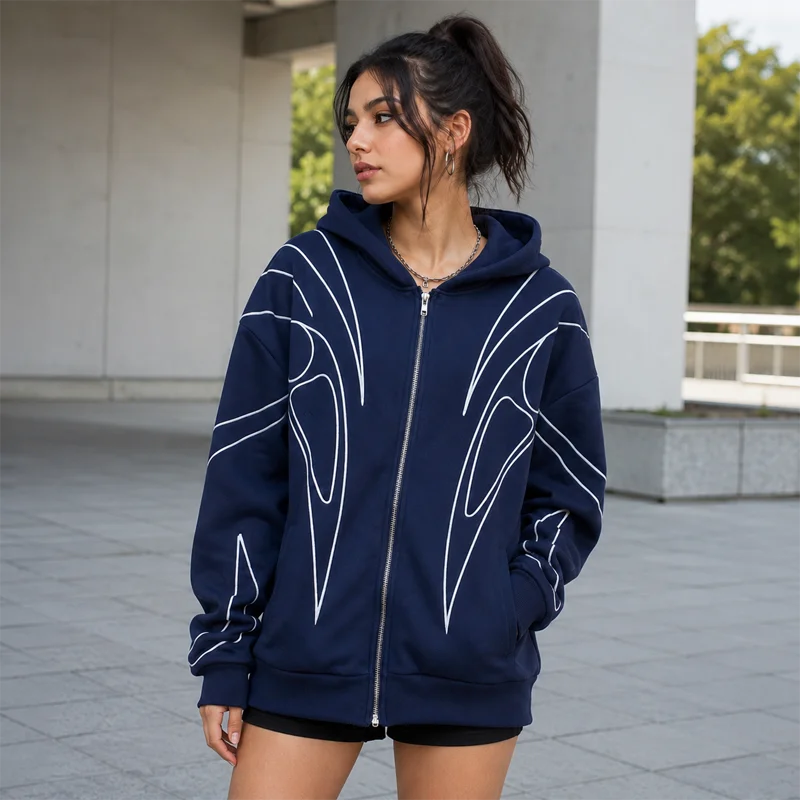 Casaco Zip Hooded Graphic Streetwear Oversized