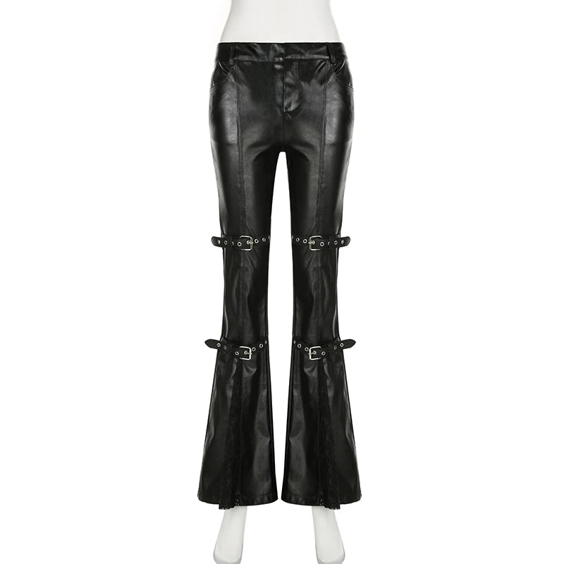 Calça de Pele Sintética Flare Goth com Fivelas "GOTHIC BUCKLE FLARE"