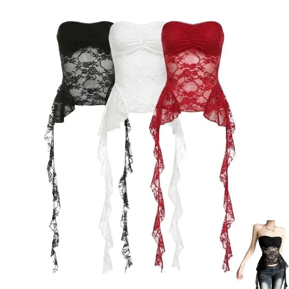 Top Cropped Corset de Renda com Cauda Lace