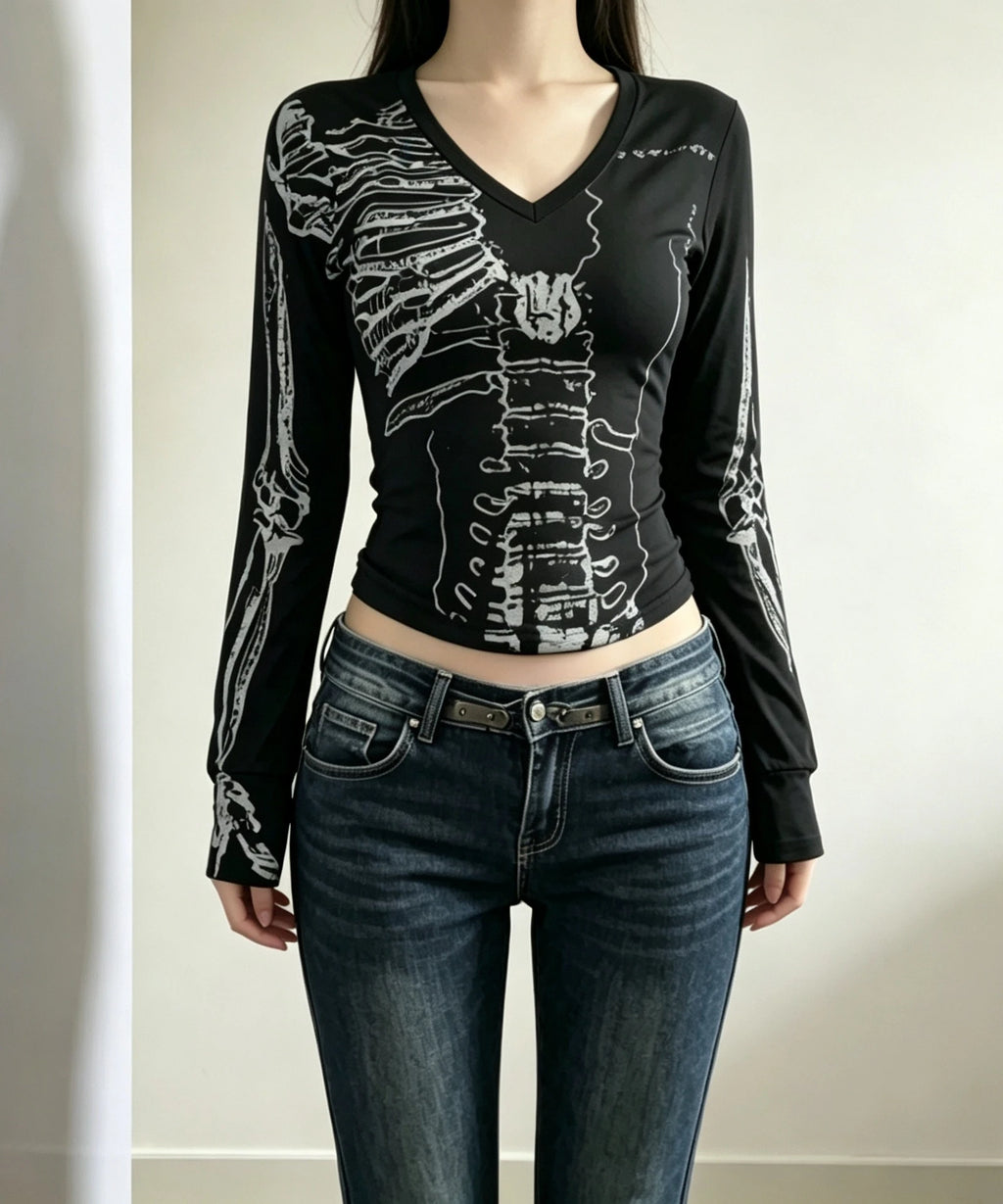 Camisola Manga Longa "SKELETON GOTH" Decote em V