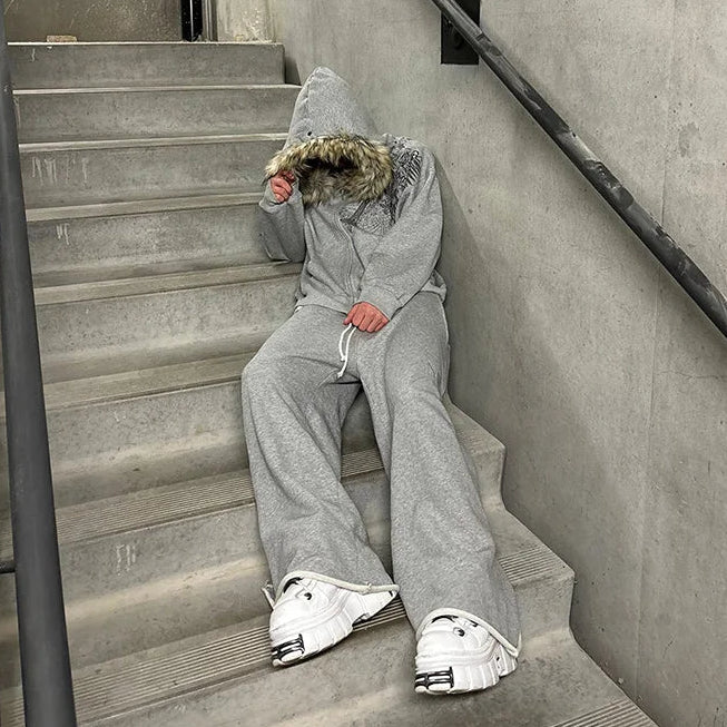 Casaco Hoodie Y2K Fur Hood Zip-Up