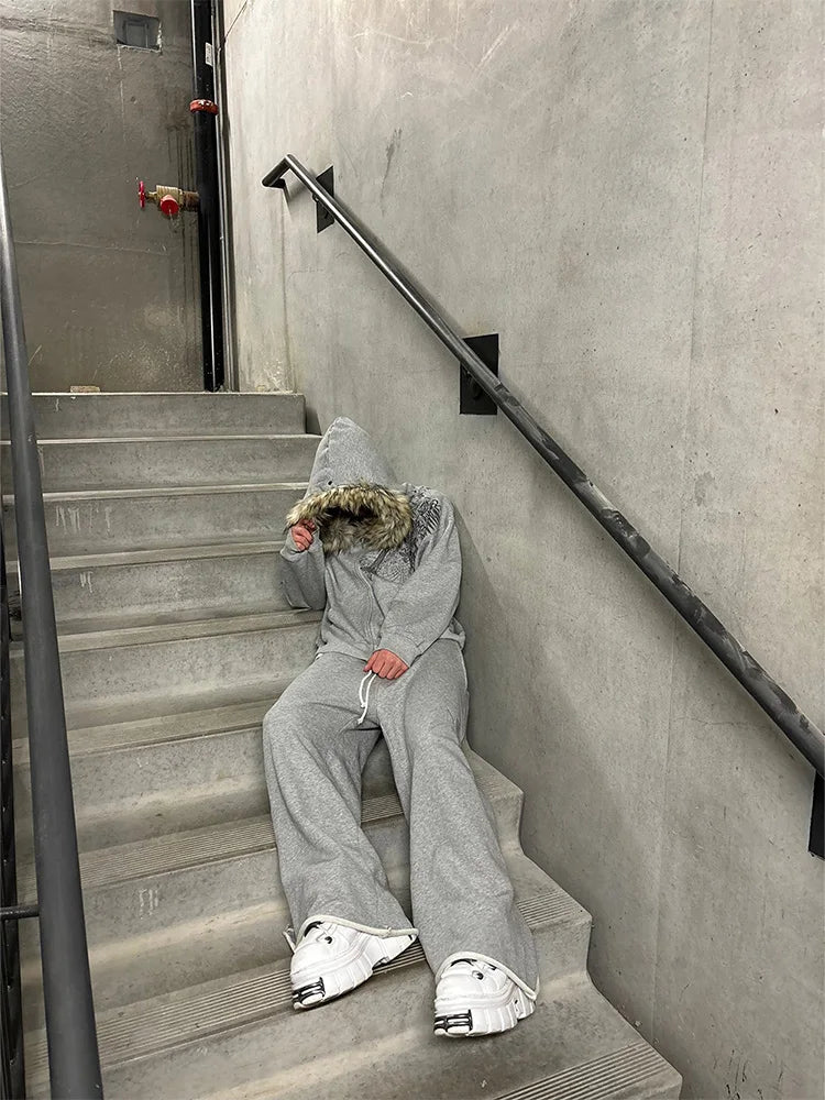 Casaco Hoodie Y2K Fur Hood Zip-Up