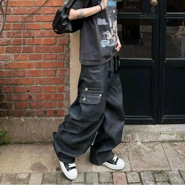 Calças Jeans Wide Leg Multi-Pockets Black