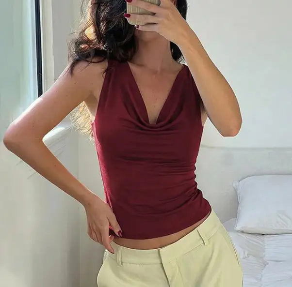 Top Cropped Drapeado Cowl Neck Backless