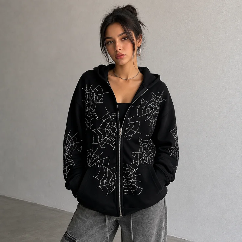 Casaco Hoodie Zip Spider Web Rhinestone