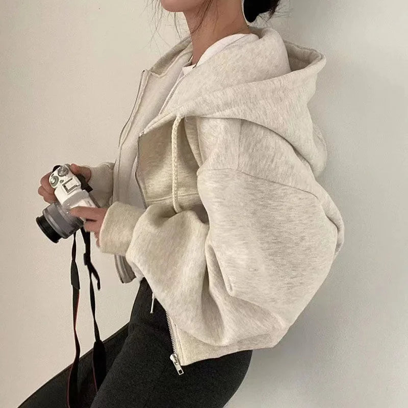 Casaco Hoodie Fleece Cropped Zip-Up