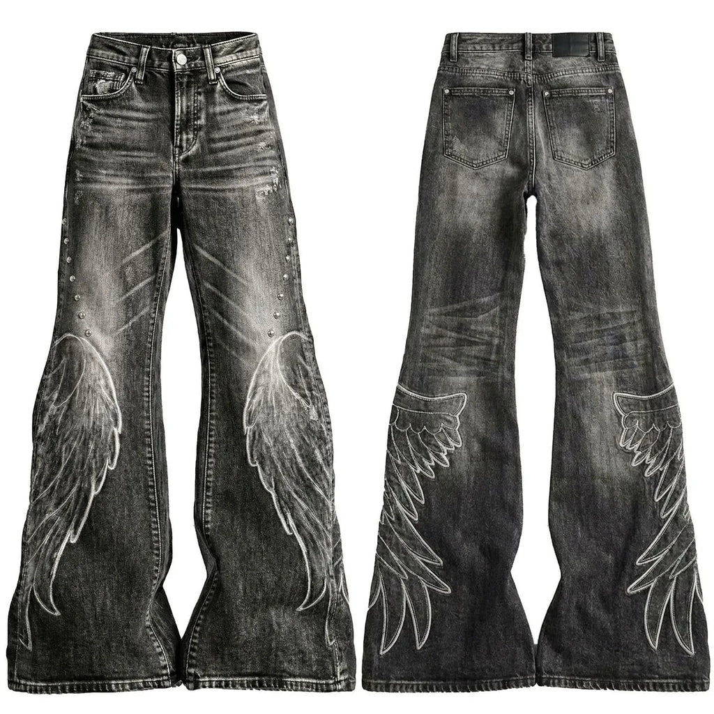 Calças Jeans Flared Wings Embroidery Y2K
