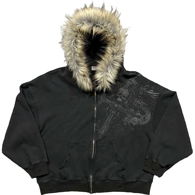 Casaco Hoodie Y2K Fur Hood Zip-Up