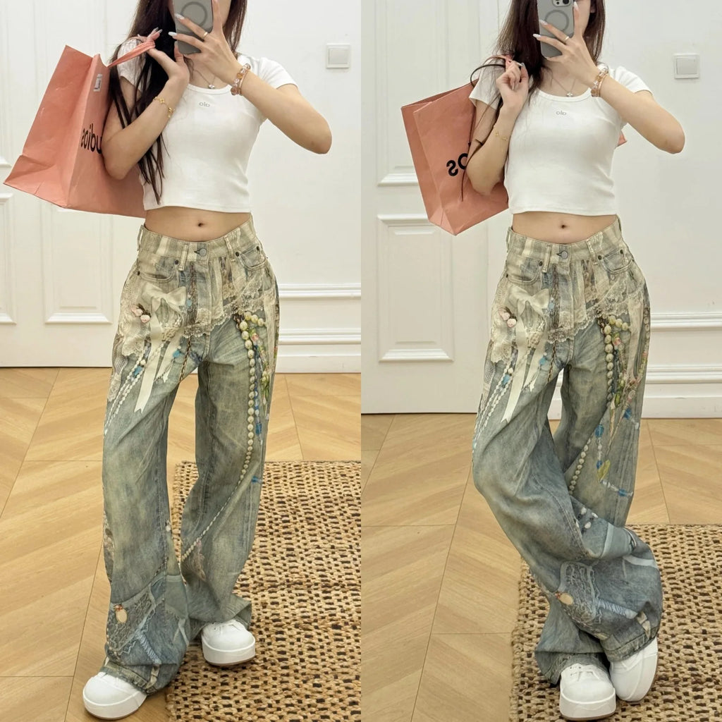 Calças Jeans Baggy Y2K Printed Pearl Chain