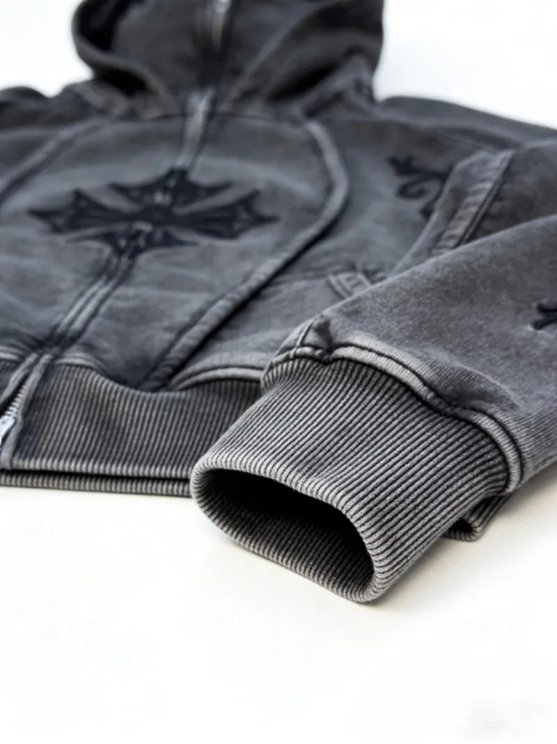 Casaco Zip Hoodie Cross Embroidered Washed