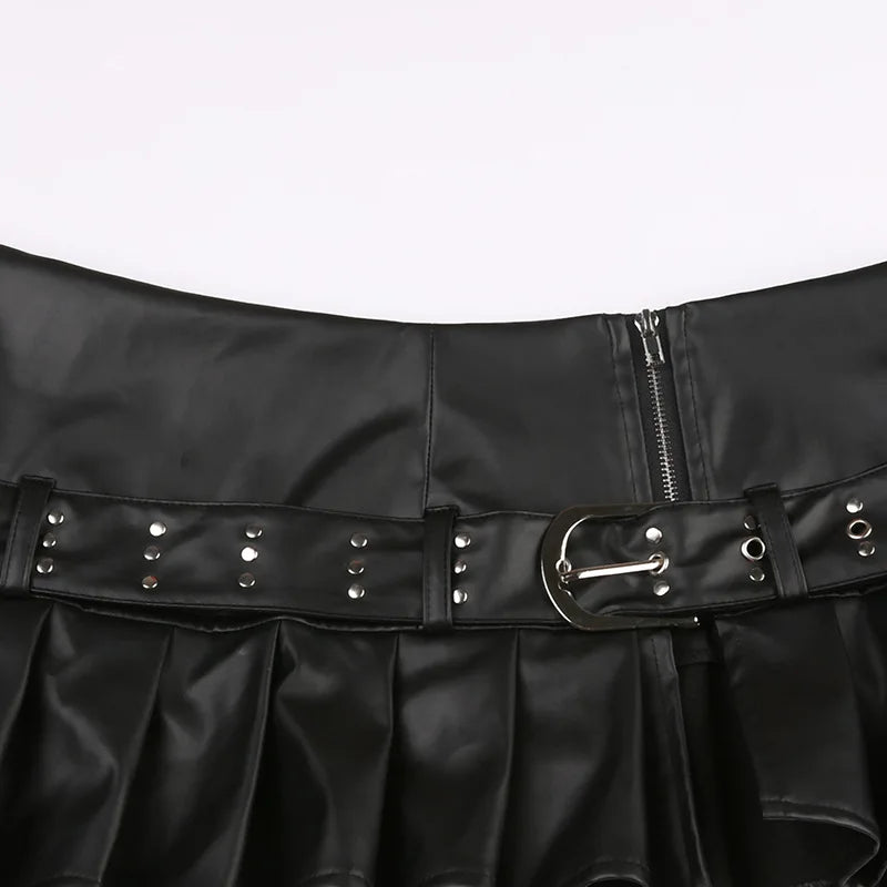 Mini Saia Plissada em Pele Sintética com Cinto "ZIPPER BELTED LEATHER MINI SKIRT"