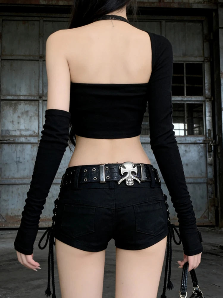 Calções Jeans Góticos Low-Rise "SKULL LACE-UP SHORTS"