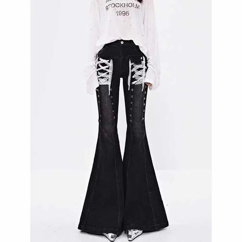 Calças Jeans Flared Lace-Up Goth Black