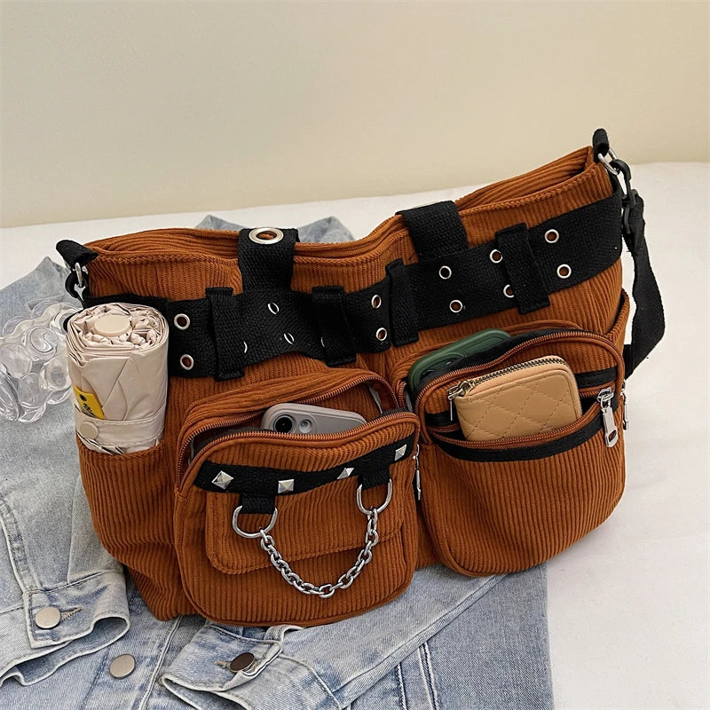 Mala de Ombro Punk Rivets & Chains Corduroy