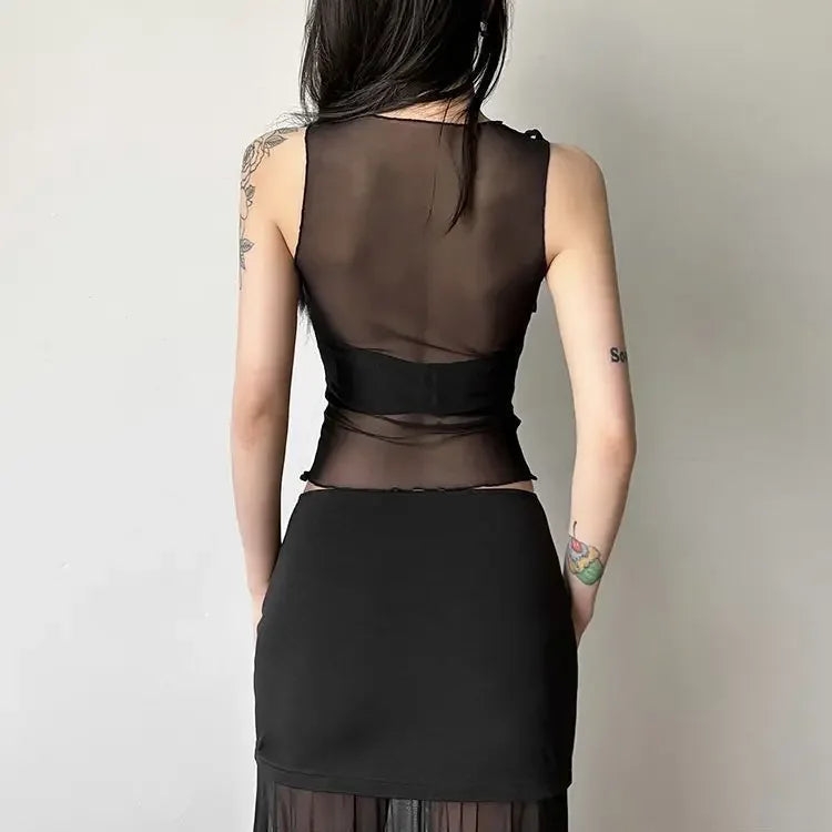Top Y2K Asymmetrical Mesh Cutout