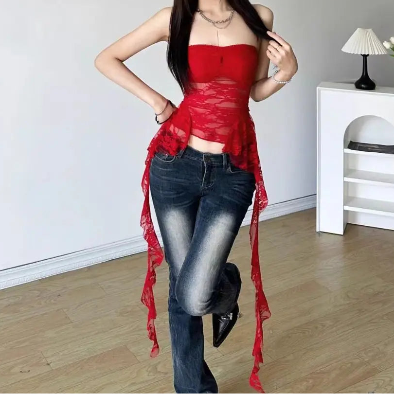 Top Cropped Corset de Renda com Cauda Lace