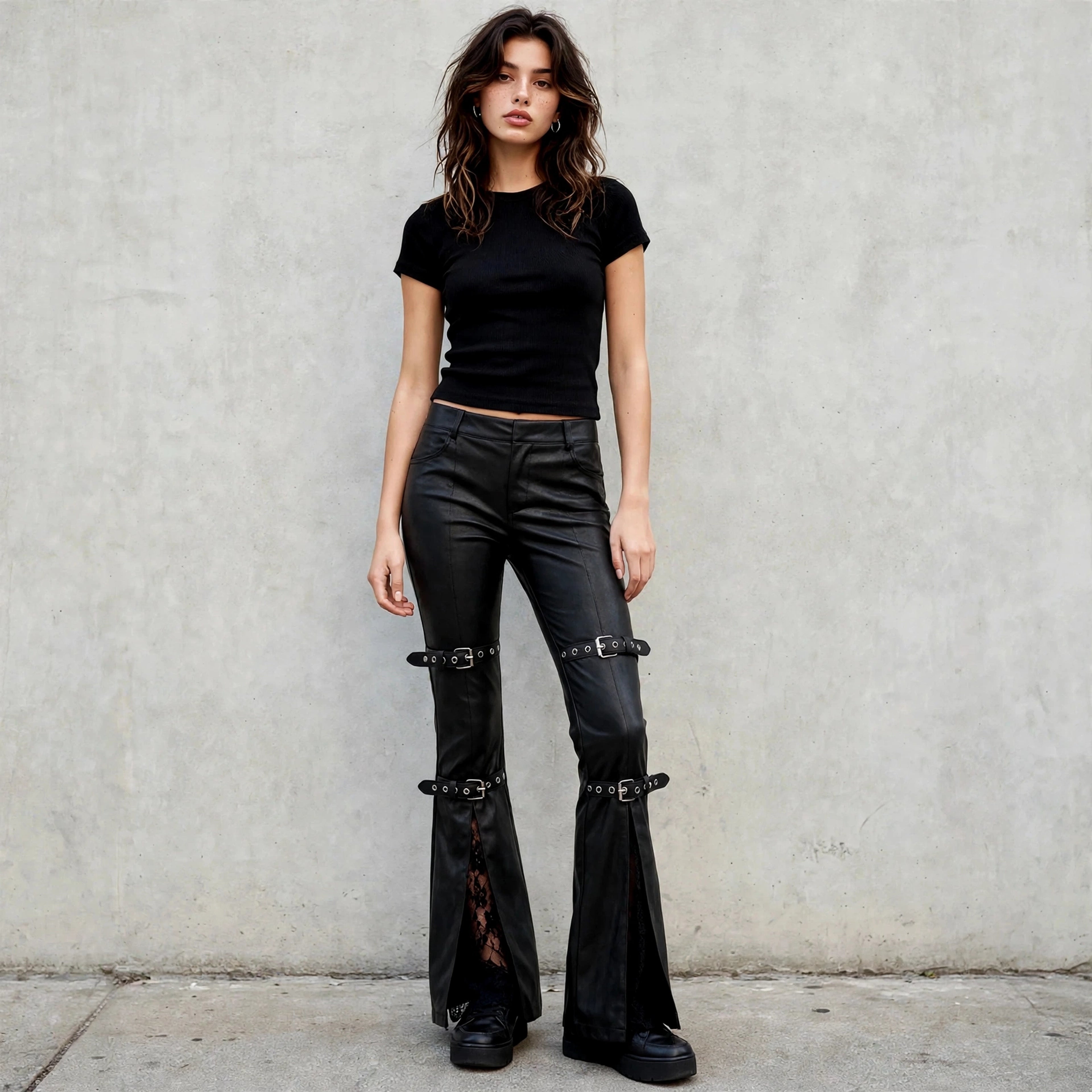 Calça de Pele Sintética Flare Goth com Fivelas "GOTHIC BUCKLE FLARE"