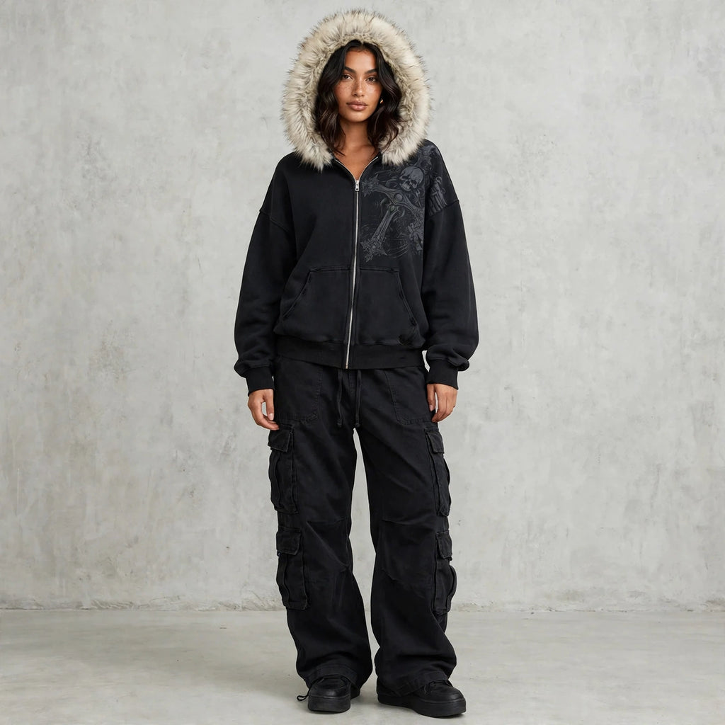 Casaco Hoodie Y2K Fur Hood Zip-Up
