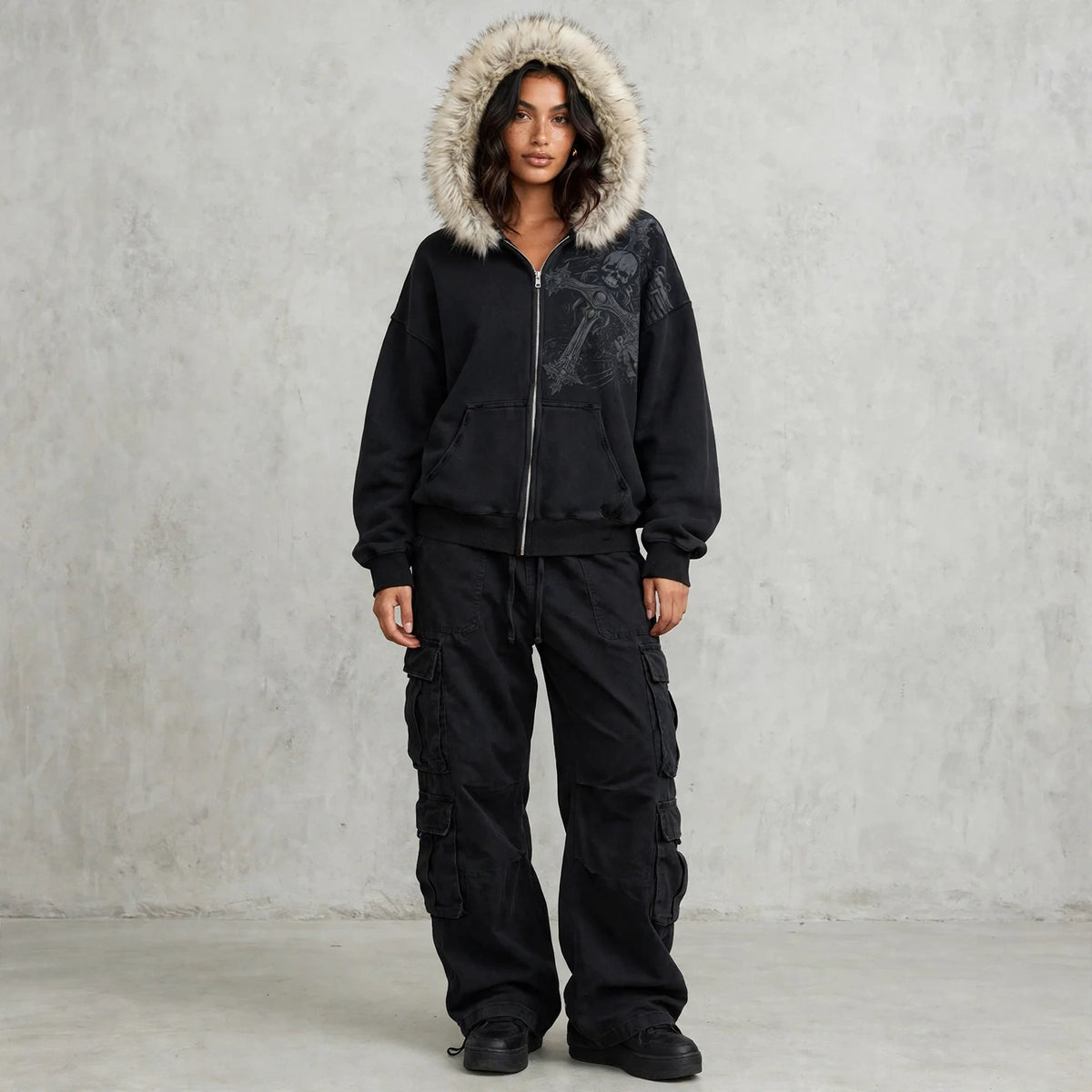 Casaco Hoodie Y2K Fur Hood Zip-Up