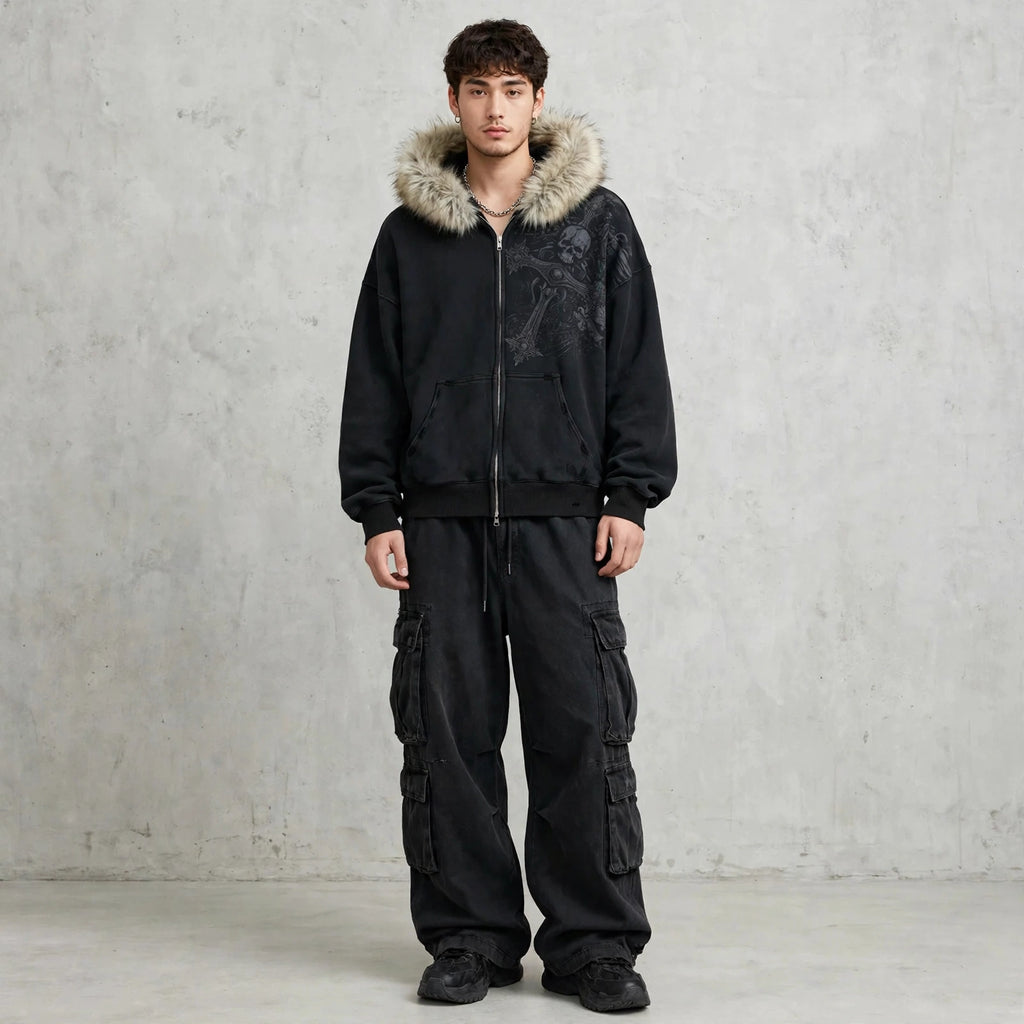 Casaco Hoodie Y2K Fur Hood Zip-Up unisexo