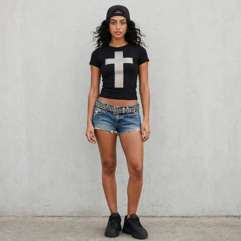 T-Shirt Crop Goth "RHINESTONE CROSS"