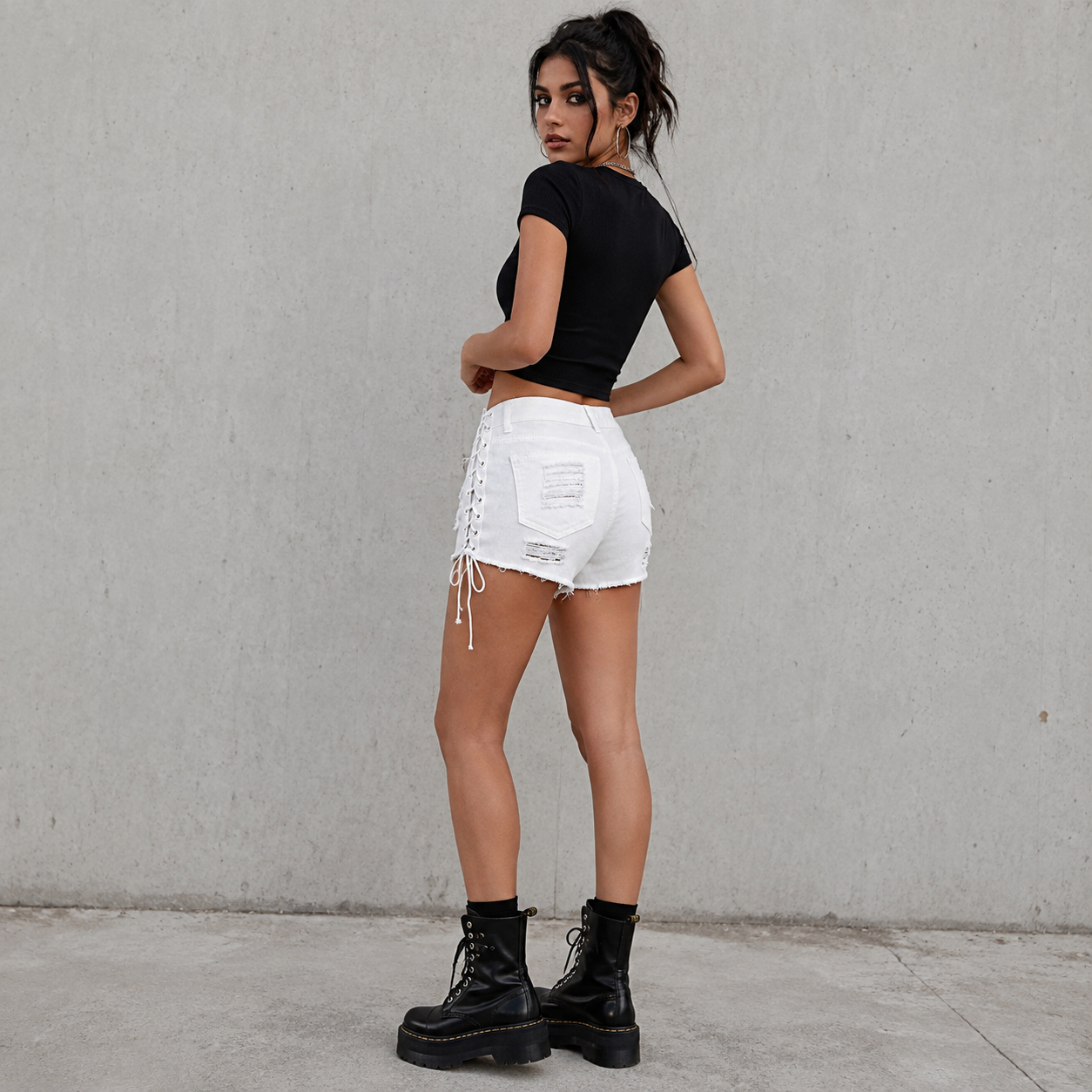 Calções Jeans Lace-Up Side Cutout
